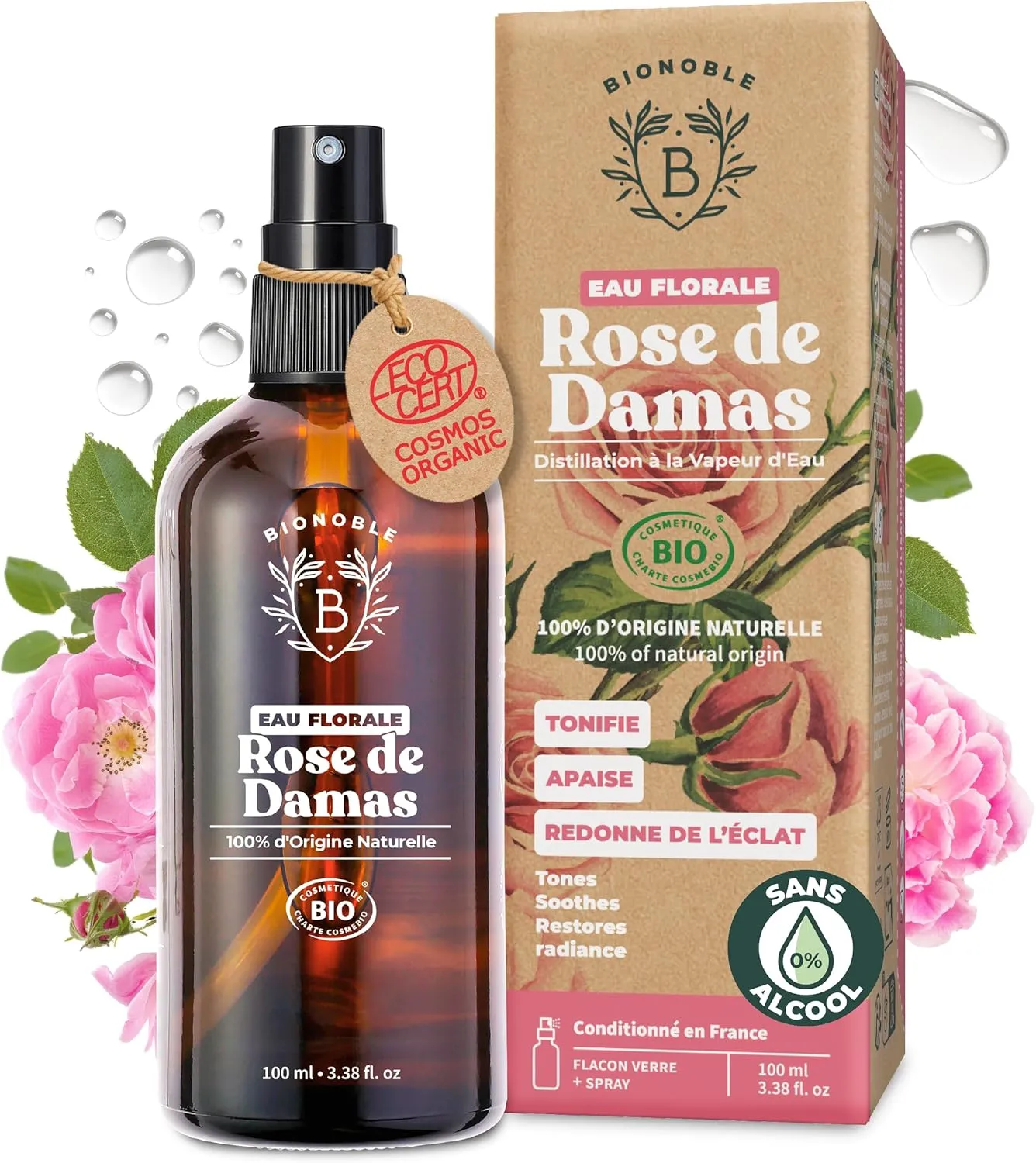 Eau de Rose Bio BIONOBLE (hydrolat de rose de Damas, 100 ml)